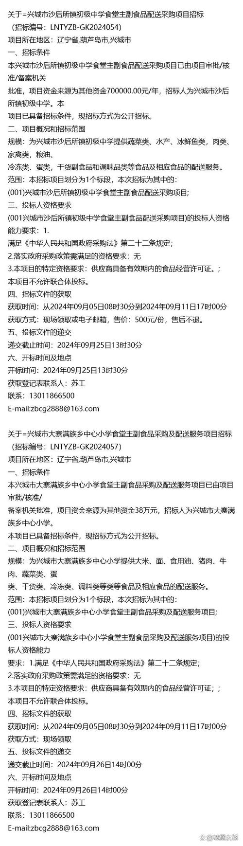 兴城市沙后所镇初级中学及大寨满族乡中心小学食堂主副食品配送采购招标